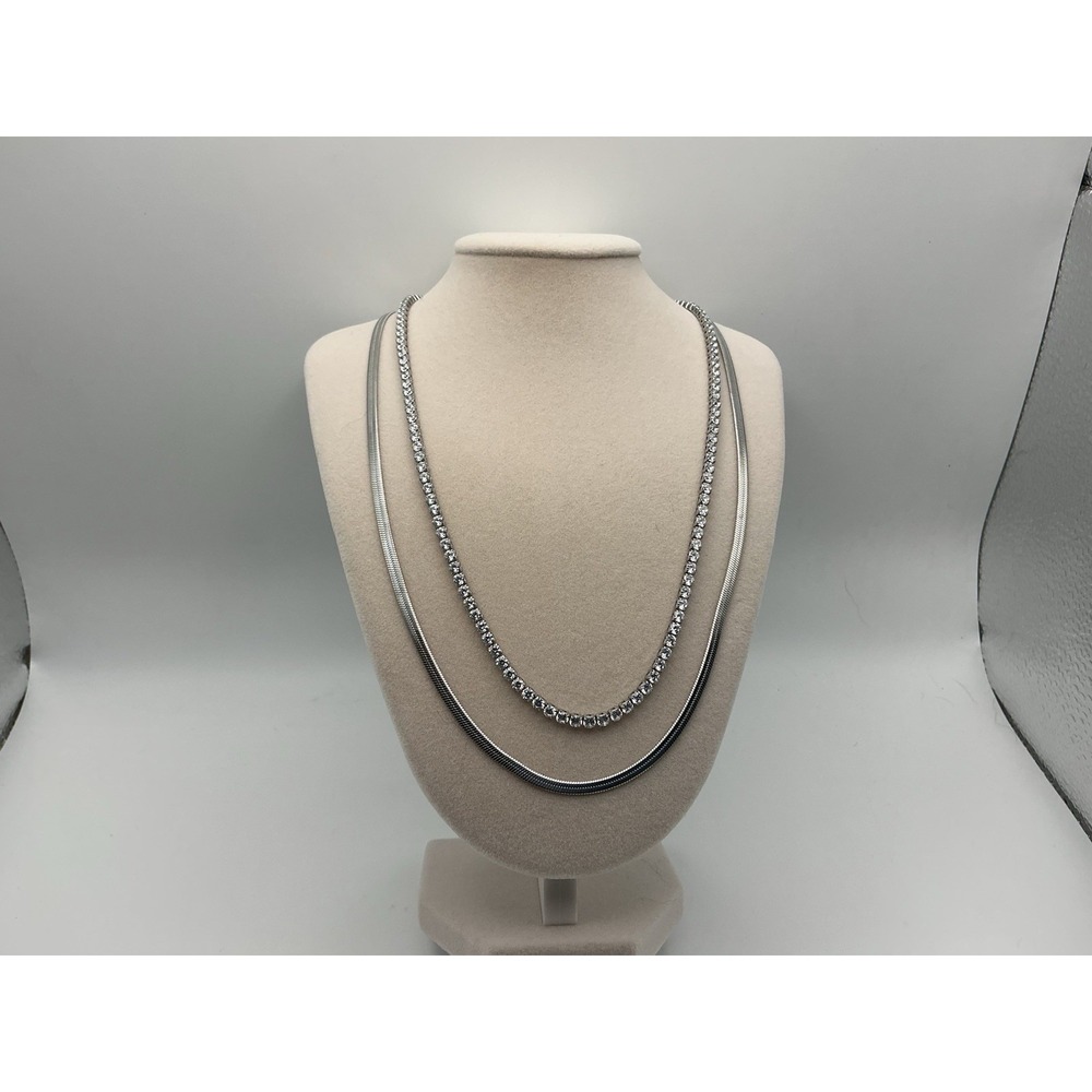 Steel by Diamonique Layered Tennis Herringbone Necklace CZ J452470 NIB